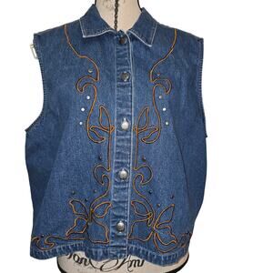 Vintage Stonebridge 100% Cotton Denim Vest Embroidered Studded Size XL